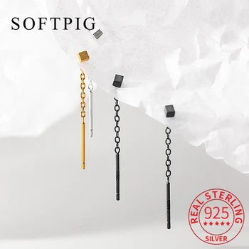 SOFTPIG, настоящее серебро 925 пробы, квадратные серьги-гвоздики с кисточками длиной 3 см для модных женщин, изысканные ювелирные изделия, минималистичные аксессуары