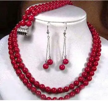 2 ряда натуральных круглых бусин из тибетского красного коралла ожерелье серьги браслет набор нефрита AAA