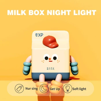 Светодиодный ночник в коробке с молоком Мультяшная креативная зарядка через USB Детский светильник для сна Сенсорный Датчик синхронизации Прикроватный светильник для спальни Подарок