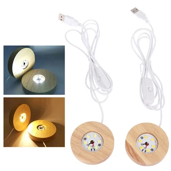 Деревянная светодиодная подсветка USB, подставка для дисплея, художественное украшение из хрусталя, смолы, деревянная подставка для ночника, вращающийся держатель подставки для дисплея