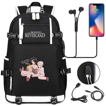 Аниме The Promised Neverland USB Рюкзак Mochila, сумки для школьных книг, детские подростковые мультяшные сумки для ноутбуков унисекс через плечо