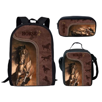 Выполняется имитация Horse кожаный школьный рюкзак 3D-печать для девочек для мальчиков рюкзак 3 шт./компл. рюкзак обед сумка карандаш сумка большой емкости