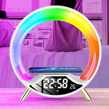 Атмосферная лампа для беспроводной зарядки мощностью 15 Вт с музыкальными часами, кнопкой будильника, Bluetooth-совместимой лампой ночного освещения, RGB-лампой для спальни