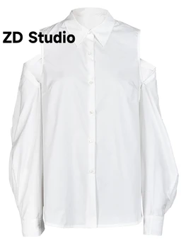 [ZD Studio] Женская элегантная блузка с повязкой на плечах, новая рубашка свободного кроя с длинным рукавом и отворотом, весна-осень 2023 г.