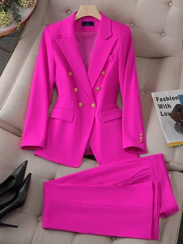 Модная розовая Зеленая Черная женская рабочая одежда, брючный костюм, женский пиджак с пуговицами, блейзер и брюки, комплект из 2 предметов