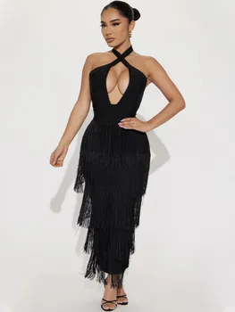 2023 Laura Kors/ Новое Сексуальное Облегающее платье Миди с открытой спиной и кисточками, женское Модное вечернее платье знаменитостей, Vestido