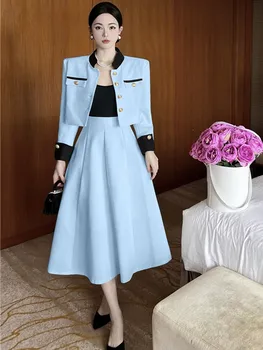 Высококачественный комплект из двух предметов с небольшим ароматом, Женская Короткая куртка, пальто + Длинная юбка, Корейская элегантная модная одежда