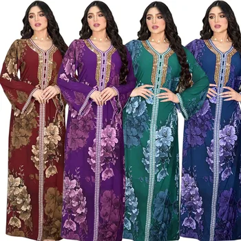 Длинное платье Абайя с цветочным принтом, женские Бриллианты, Арабский Праздничный Мусульманский свободный халат, Халабия из Саудовской Аравии, Марокканский кафтан бордового цвета