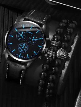 Мужские кварцевые часы с синим циферблатом и ремешком + набор браслетов со львиной короной из бисера