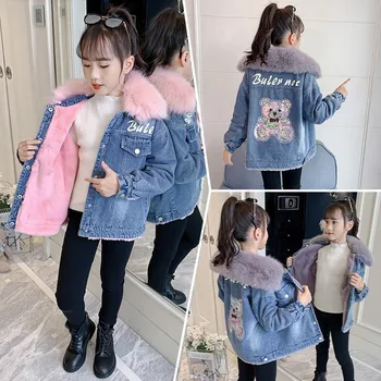 2023 Корейская зимняя Детская куртка для девочек, джинсовое толстое пальто с мультяшным принтом, однобортная парка с меховым воротником для девочек-подростков