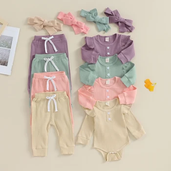 Комплекты одежды для новорожденных 0-24 м для маленьких девочек, трикотажные ползунки с оборками, Штаны с бантом, повязка на голову, Осенне-весенние наряды D05