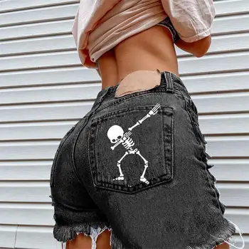 Женские джинсовые шорты, летние новые забавные шорты с дырками от костей скелета, модные повседневные шорты с меховым подолом большого размера