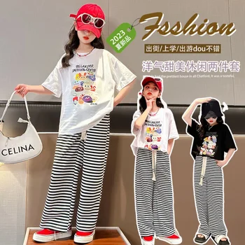Летняя одежда для девочек, комплект широких брюк в полоску в стиле хип-хоп, новинка 2023 года, корейский стиль, детская верхняя одежда от 4 до 16 лет