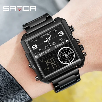 Sanda 6023 Personality Деловые Мужские часы Модные Квадратные Электронные часы Крутые Люминесцентные часы из нержавеющей стали Relogios Masculino
