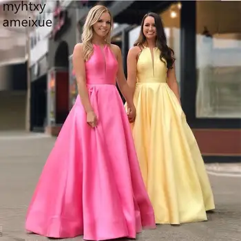 2023, Розовые и желтые атласные длинные платья для выпускного вечера на заказ, вечерние платья трапециевидной формы с глубоким круглым вырезом для особых случаев, праздничное платье