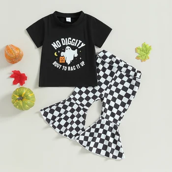 Комплект одежды для маленьких девочек, футболка с круглым вырезом и буквенным принтом Призрака с клетчатыми расклешенными штанами, одежда для Хэллоуина