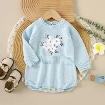 Новорожденный Младенец, Девочка, мальчик, Вязаный свитер с вышивкой и цветочным узором, комбинезон, толстовка, комбинезон с длинным рукавом, одежда для малышей