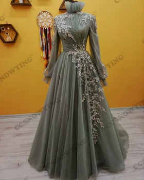 Элегантные аппликации из бисера, Мусульманские вечерние платья с длинным рукавом, Исламские вечерние платья с высоким воротом, женские Арабские вечерние платья