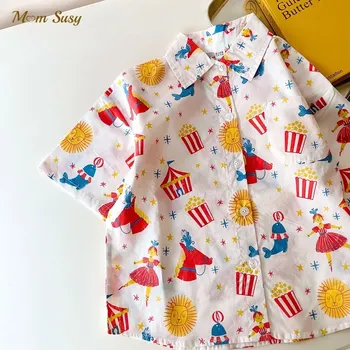 Модная хлопковая рубашка с принтом для маленьких девочек и мальчиков, короткий рукав, детская рубашка для малышей, летняя повседневная праздничная одежда для детей от 1 до 10 лет