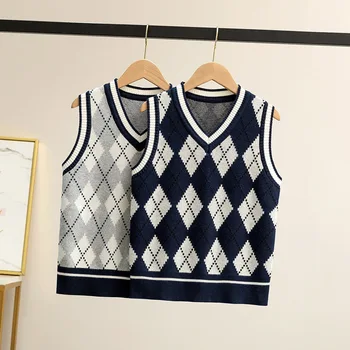 Вязаный жилет для детей на осень и зиму, новая модная школьная форма, клетчатый жилет, вязаный свитер в стиле британского колледжа
