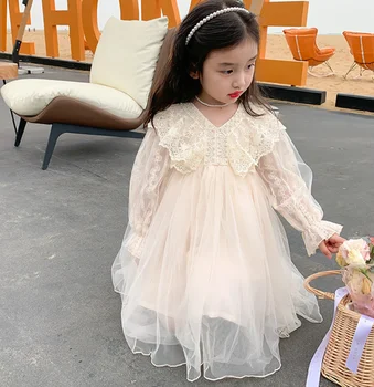 Розничная продажа 2023 Осеннее Кружевное Сетчатое платье с длинным рукавом, милая одежда принцев для девочек 2-7 лет