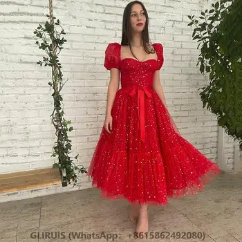 Шикарное красное платье для выпускного вечера из блестящего тюля А-силуэта чайной длины с квадратным вырезом, Короткими пышными рукавами, вечернее платье, вечернее платье Robe de bal