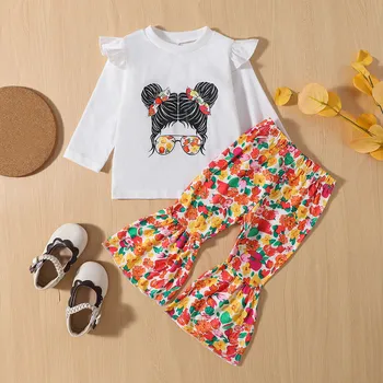 Комплекты с цветочным рисунком для девочек, комплект верхней одежды с длинными рукавами и цветочным принтом для младенцев, расклешенные брюки, комплект одежды для девочек, Ropa NiñA