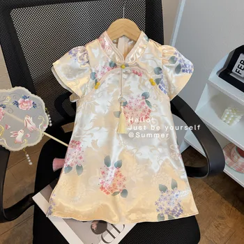 Летнее платье с воротником Чонсам для девочек 2023 года, детская повседневная одежда в китайском стиле в стиле ретро, праздничное платье принцессы для маленьких девочек