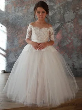 Платье для девочки в цветочек Белое пышное тюлевое кружевное платье с одинарным плечом Свадебное платье с цветами для Первой Евхаристии на день рождения