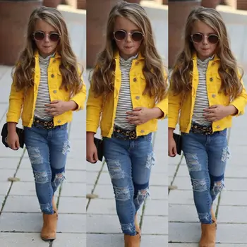 Джинсовая куртка для девочек от 1 до 6 лет, Осенне-зимняя верхняя одежда для малышей, желтая верхняя одежда, детская куртка, пальто для девочек, детская одежда