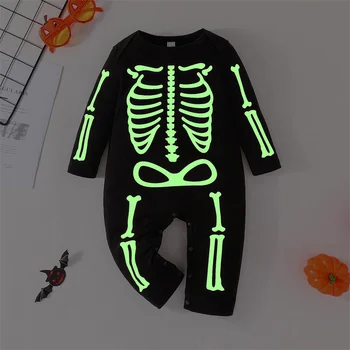 Комбинезон на Хэллоуин для маленьких мальчиков Pudcoco, светящийся в темноте, комбинезон со светящимися принтами скелета, комбинезон с длинными рукавами, осенняя одежда для малышей