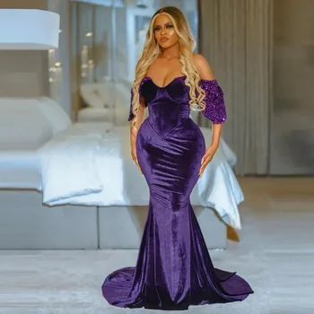 Бархатное фиолетовое платье-русалка для выпускного вечера с открытыми плечами, с коротким рукавом, длиной до пола, с блестками, на шнуровке, без спинки, плюс размер
