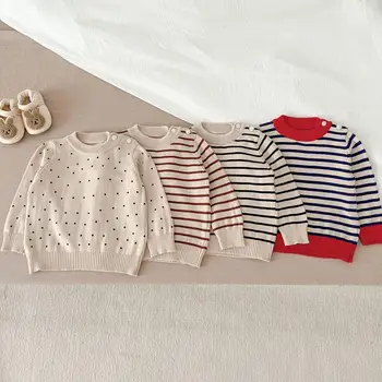 Осенний Детский повседневный свитер в горошек, полосатая рубашка с длинным рукавом для новорожденных мальчиков, хлопковые топы для новорожденных