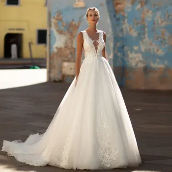 Романтическое свадебное платье с V-образным вырезом 2023, свадебное платье с кружевной аппликацией, без спинки, в часовне, платье трапециевидной формы для официальной вечеринки, белое, слоновая кость
