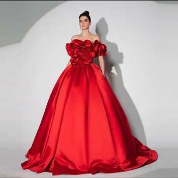 Элегантное красное бальное платье, Вечерние платья для женщин с открытыми плечами, Короткие рукава, плиссированные вечерние платья для выпускного вечера в цветочек длиной до пола