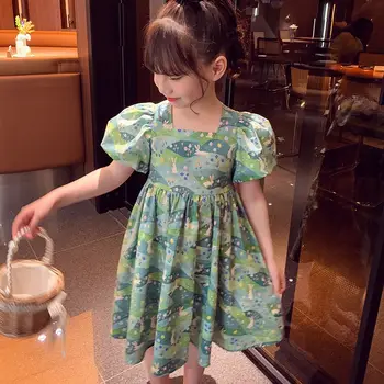 Летняя юбка трапециевидной формы с милым рисунком для девочек, зеленое платье принцессы в цветочек с коротким рукавом, детская одежда для дня рождения