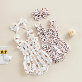 Летняя одежда для новорожденной девочки, комплект из 2 предметов, комбинезон без рукавов с цветочным принтом и повязкой на голову
