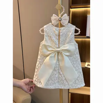 Детское платье с принтом в форме сердца для девочек, новое поступление 2023 года, Детское Летнее платье принцессы с бантом, Бежевое платье-жилет с бисером для маленьких девочек