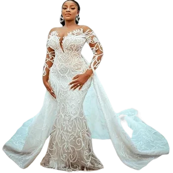 Популярные свадебные платья Русалка 2023 размера плюс со съемным шлейфом, расшитое бисером, кружевное свадебное платье в африканском стиле Aso Ebi с аппликацией Robe De Mariée