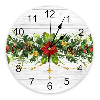 Рождественские круглые настенные часы с листьями из сосновых иголок, современный дизайн, кухонные подвесные часы, домашний декор, бесшумные настенные часы