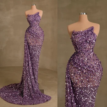 Блестящие фиолетовые платья для выпускного вечера без бретелек, вечерние платья русалки с блестками, Съемный шлейф, халат на заказ