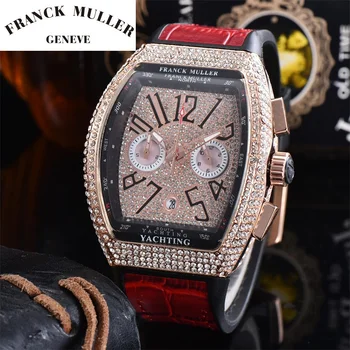 Модные мужские спортивные часы FRANCK MULLER, мужские деловые кварцевые наручные часы, Роскошная кожаная сумка с бриллиантами, мужские повседневные часы.