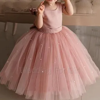 Дешевое платье принцессы с розовым жемчугом, пышные платья для девочек-цветочниц чайной длины, платья для свадебных вечеринок в честь Дня рождения ребенка, Первого Причастия.