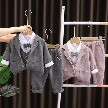 Новые комплекты из трех предметов для мальчиков осенью 2023 года, рубашка с длинными рукавами и галстуком-бабочкой, брюки и пальто