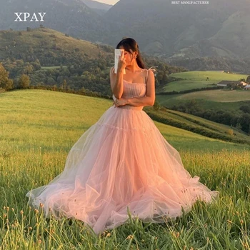 XPAY, Розовые румяна, тюль, трапециевидные длинные платья для выпускного вечера в Корейском стиле, многоуровневые вечерние платья принцессы на бретелях, вечернее платье невесты в саду