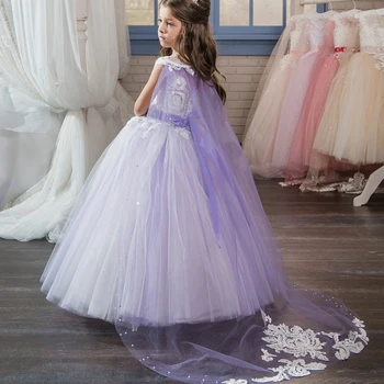 Пышное тюлевое кружевное бальное платье с цветочным узором для девочек, платье принцессы для девочек с длинным рукавом, платье для девочек-иллюзий, платье для свадебной вечеринки для первого причастия