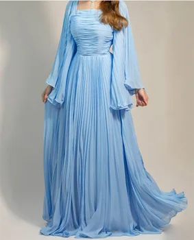BridalAffair Светло-голубые шифоновые мусульманские вечерние платья трапециевидной формы, плиссированные вечерние платья Robe De Mariée на молнии сзади длиной до пола