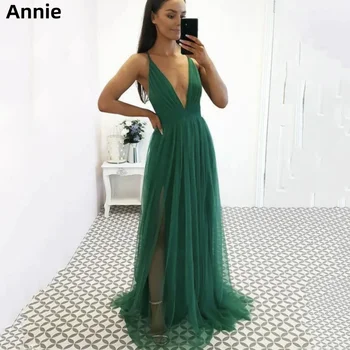 Выпускные платья Annie с глубоким V-образным вырезом, Тюлевые Зеленые Вечерние платья А-образной формы 2023, Женские платья Vestidos De Noche