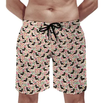 Летние пляжные шорты с принтом Таксы для занятий спортом и фитнесом Розовые пляжные короткие штаны с цветочным рисунком Классические Быстросохнущие плавки Большого размера