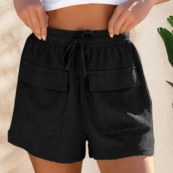 Женские повседневные шорты с дышащей эластичной резинкой на талии и завязками, Однотонные карманы, Свободные женские Летние спортивные Короткие брюки, брюки